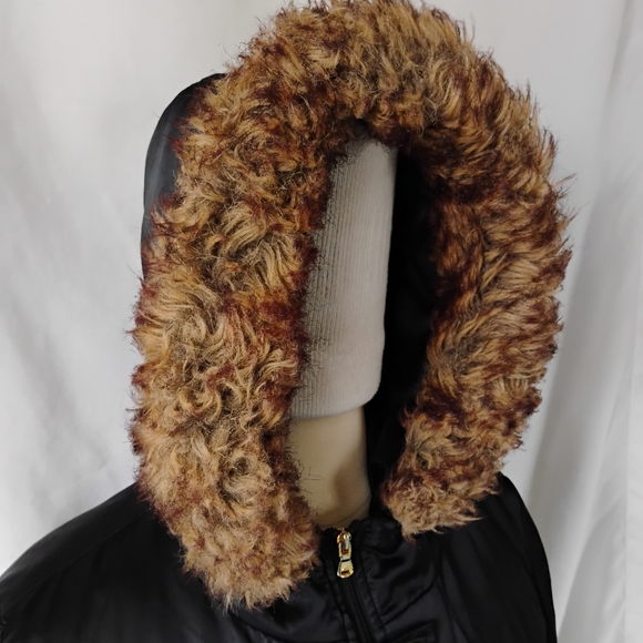 Women's Guess Black & Gold Winter Puffer Coat Hooded Jacket with Faux Fur Trim - Picture 2 of 16